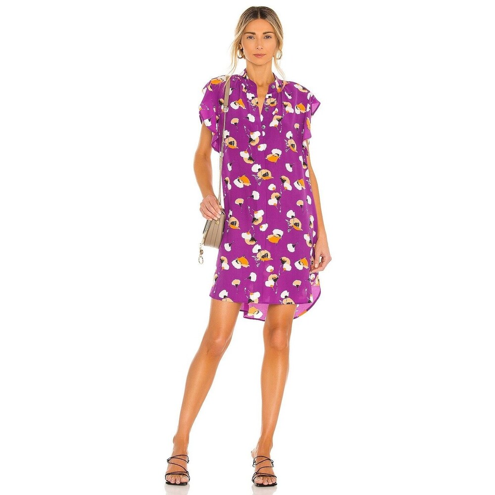 EQUIPMENT FEMME Shirt Dress Womens XS Purple Floral 1/4 Flutter Sleeve 100% Silk